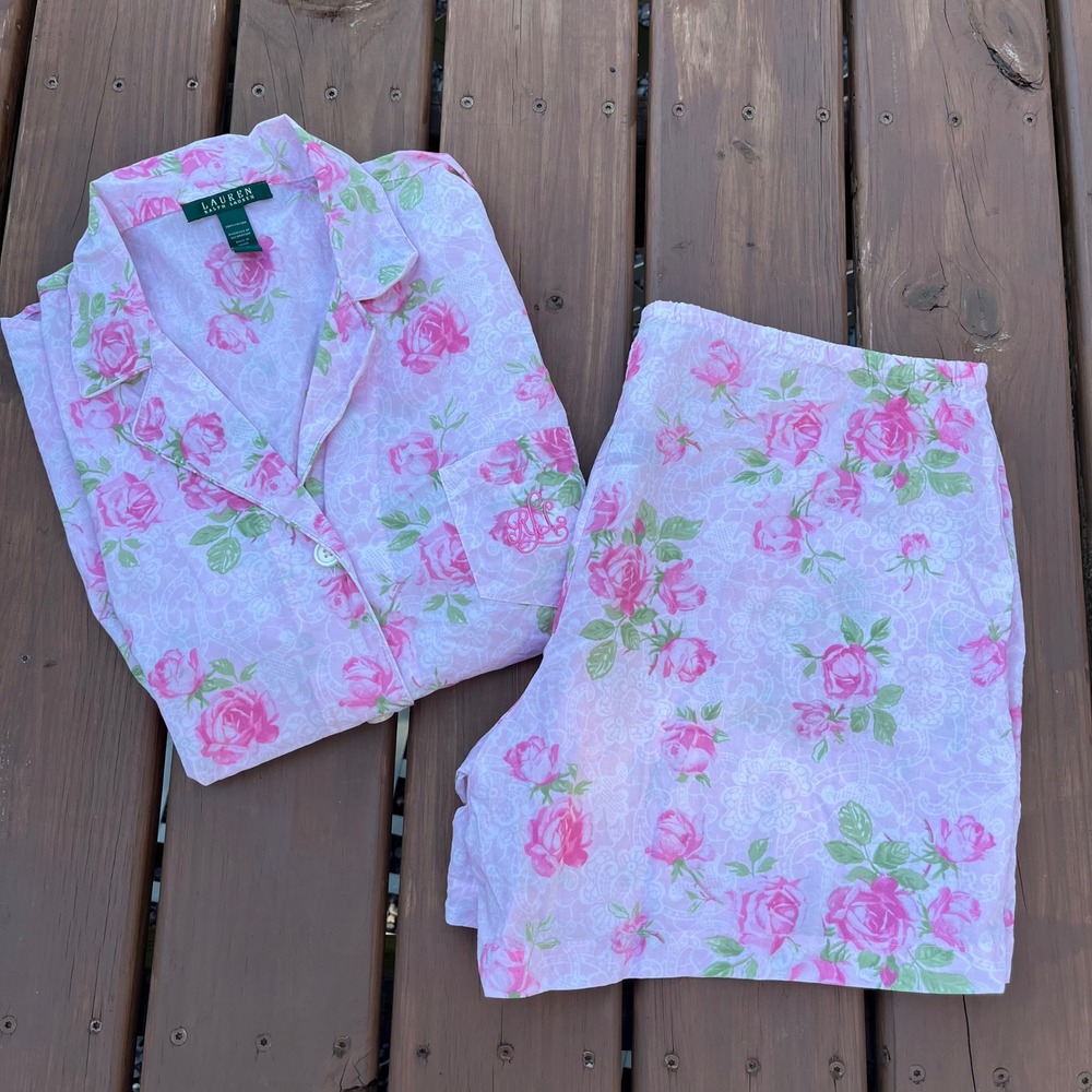 Lauren Ralph Lauren Pajama Set Pink Floral Rose 100% Cotton Womens XL